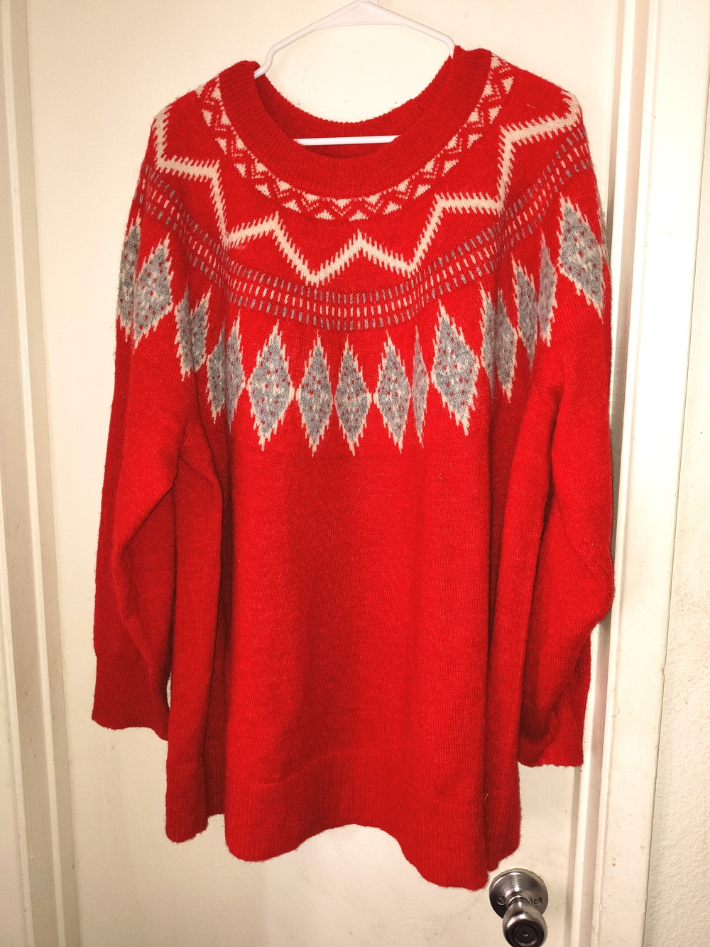 croft & barrow Red Crewneck Sweater with Gray Fair Isle Yoke